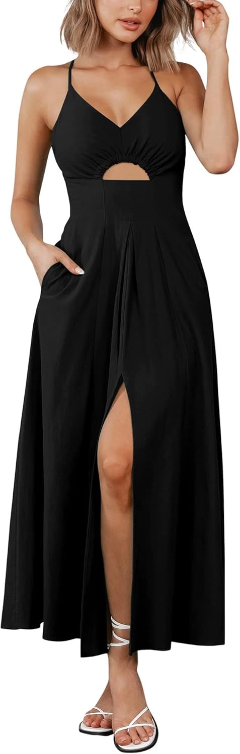 Women Spaghetti Strap Maxi Dress Sleeveless V Neck Cutout Slit Casual Beach Dress with Pockets
