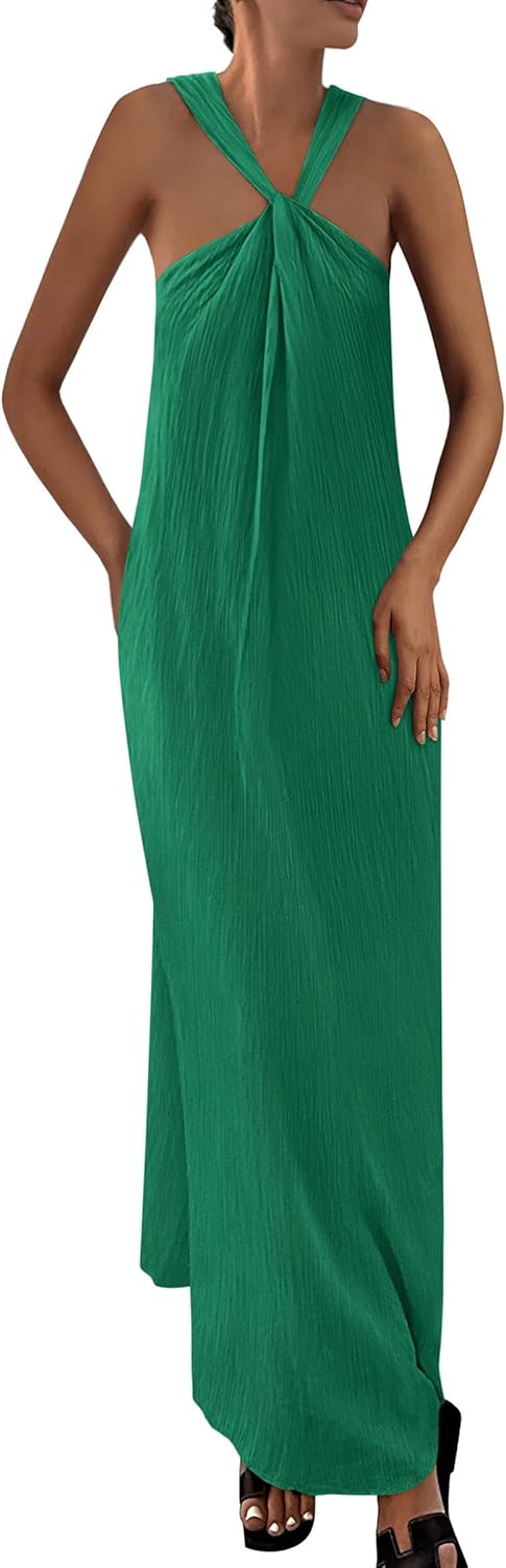 Casual Off Shoulder Maxi Dress Women Sleeveless Strappy Beach Dress with Pockets