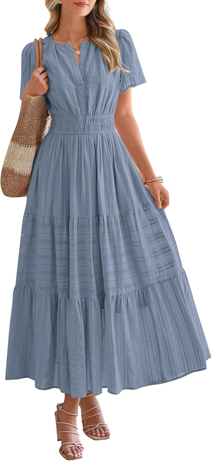 Casual Boho Maxi Dress Women V Neck Short Sleeve Flowy Beach Dress with Pockets