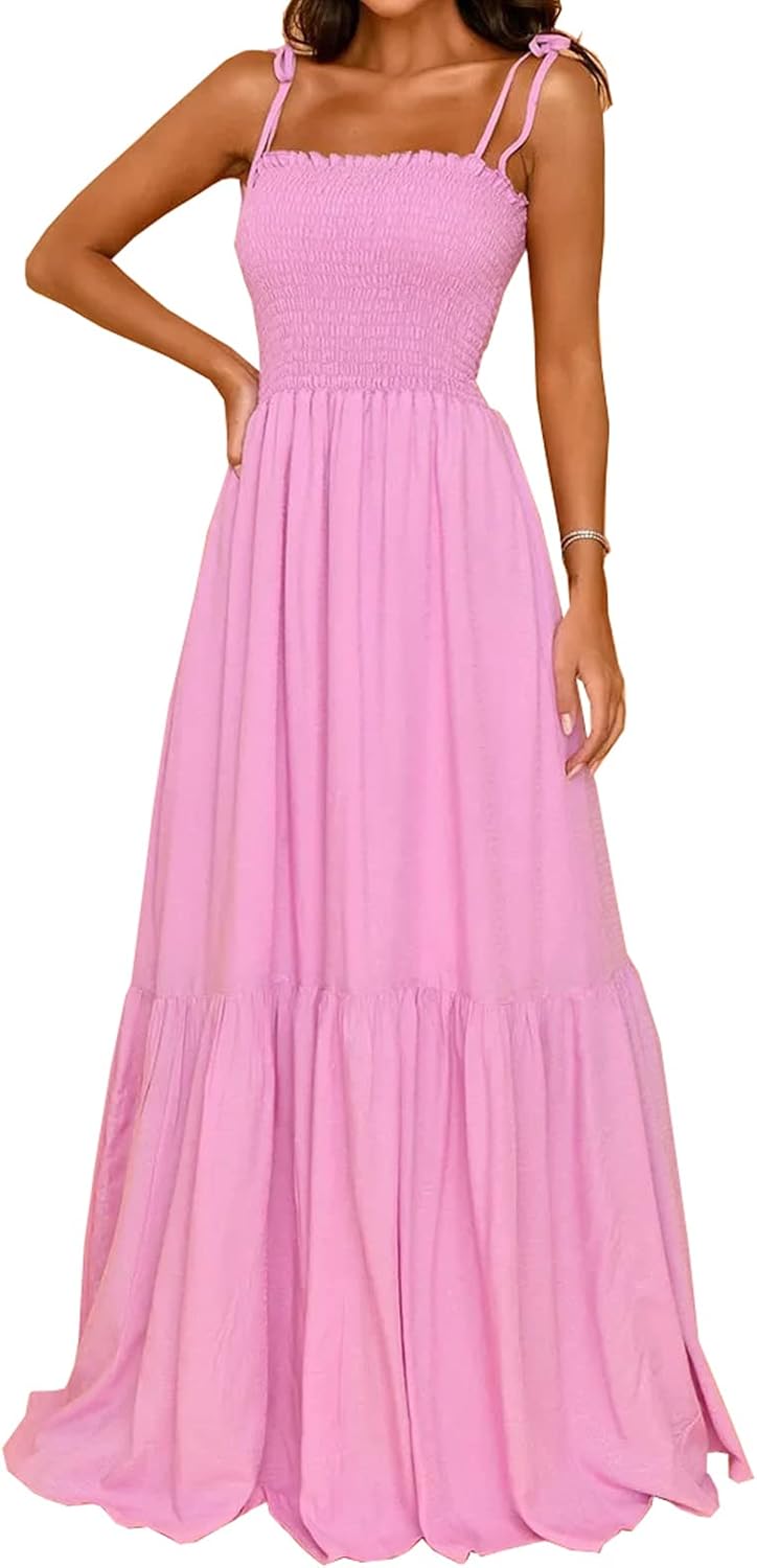 Square Neck Spaghetti Strap Boho Maxi Ruffle Beach Dress