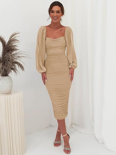 Square Neck Puff Sleeve Ruched Bodycon Midi Party Dress