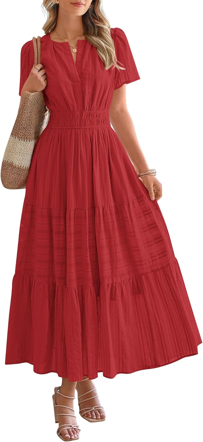 Casual Boho Maxi Dress Women V Neck Short Sleeve Flowy Beach Dress with Pockets