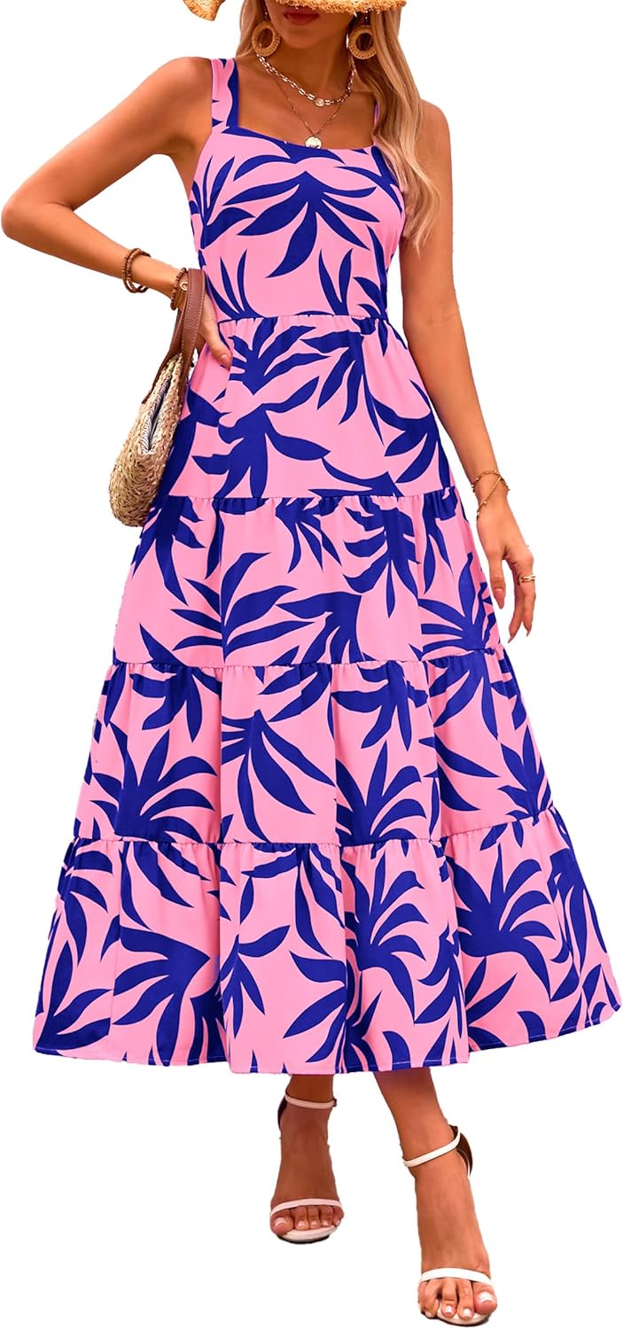 Women Floral Ruffle Maxi Dress Casual Boho Flowy Beach Vacation Sundress