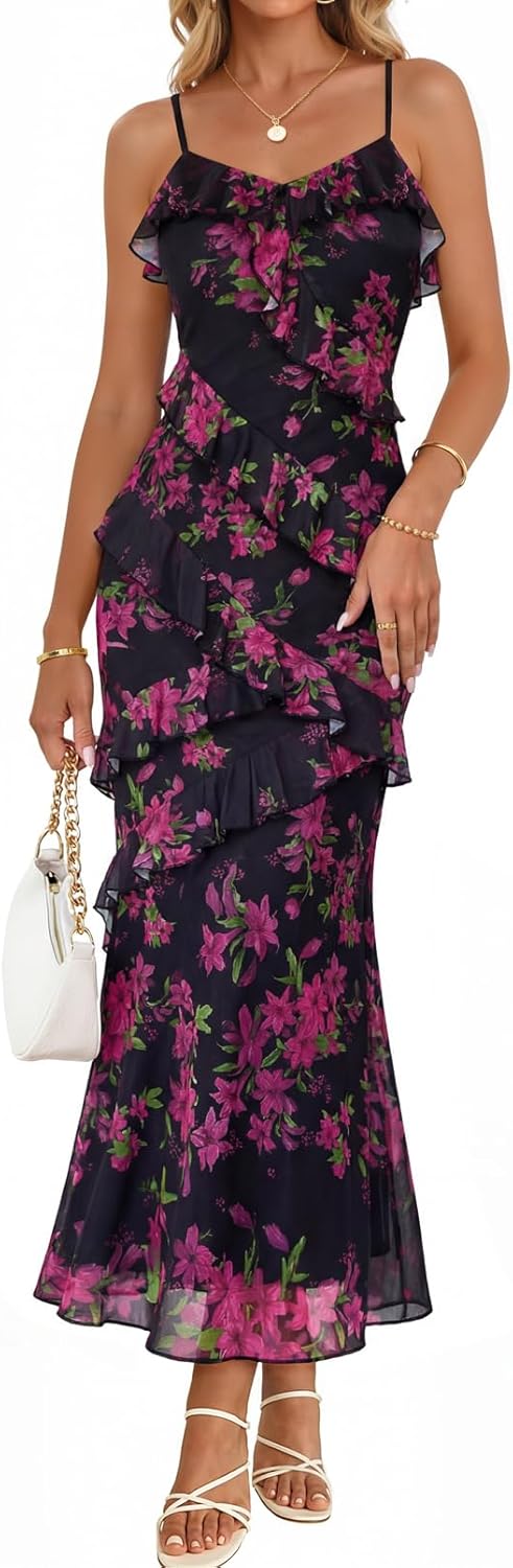 Women Bodycon Floral Long Dress Spaghetti Strap Wedding Guest Dress