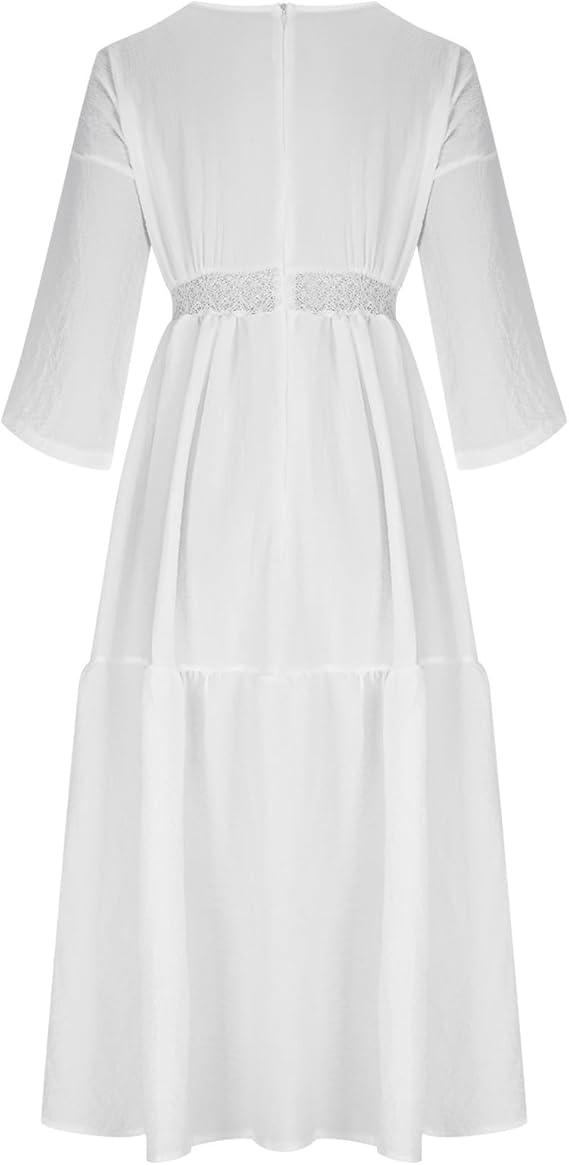 Women Casual A Line Flowy Long Dress Hollow Tiered Ruffle Beach Party Dress