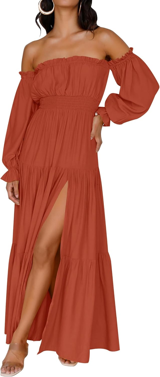 Boho Off Shoulder Maxi Dress Women Flowy Side Split Wedding Guest Dress