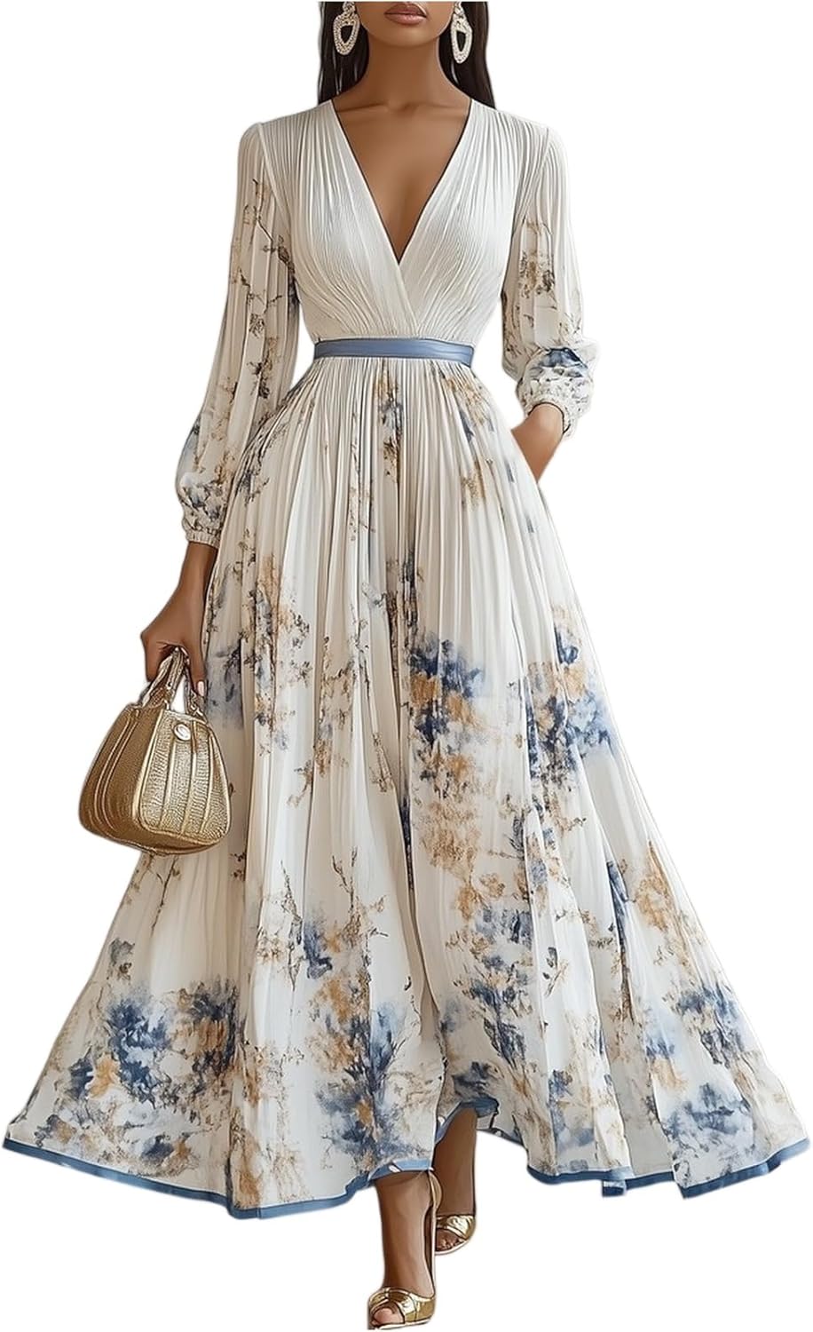 Elegant 2026 Floral Puff Sleeve Women Maxi Dress