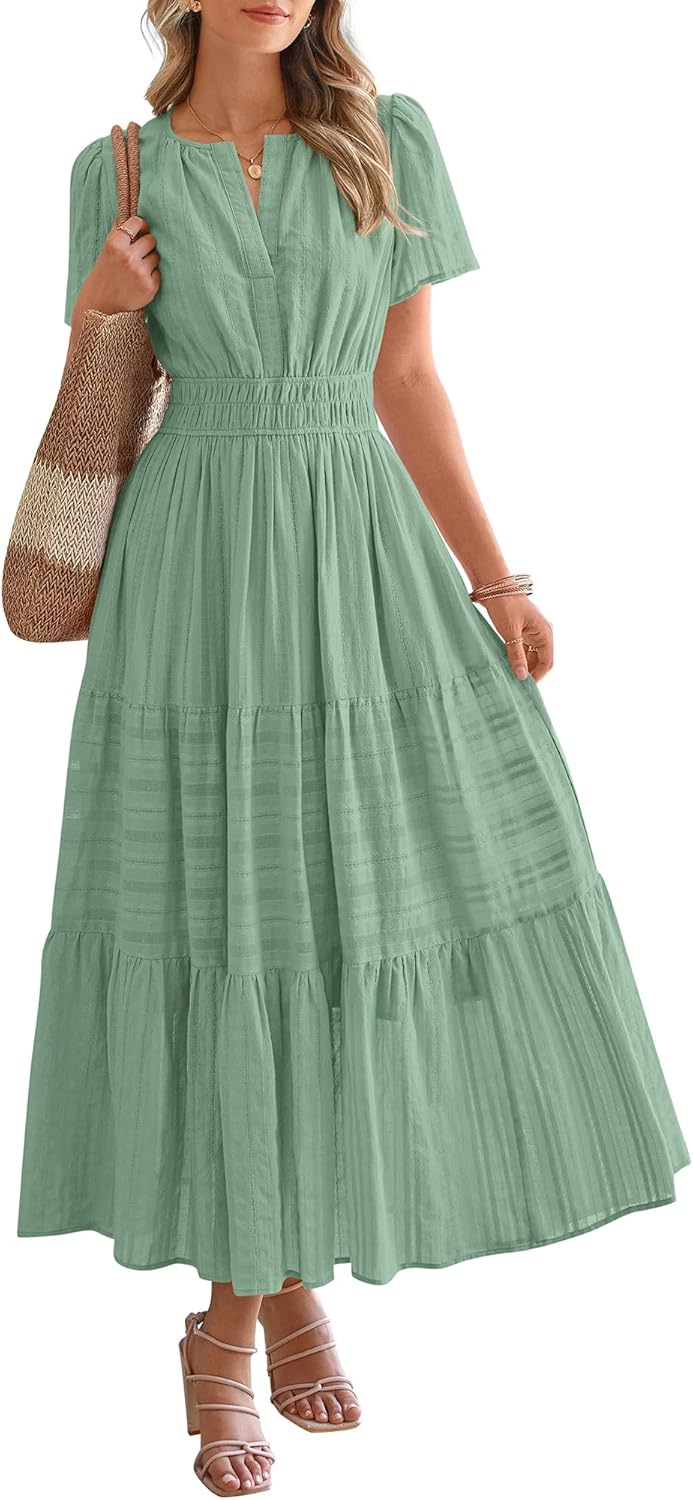 Casual Boho Maxi Dress Women V Neck Short Sleeve Flowy Beach Dress with Pockets