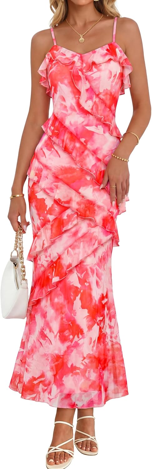Women Bodycon Floral Long Dress Spaghetti Strap Wedding Guest Dress