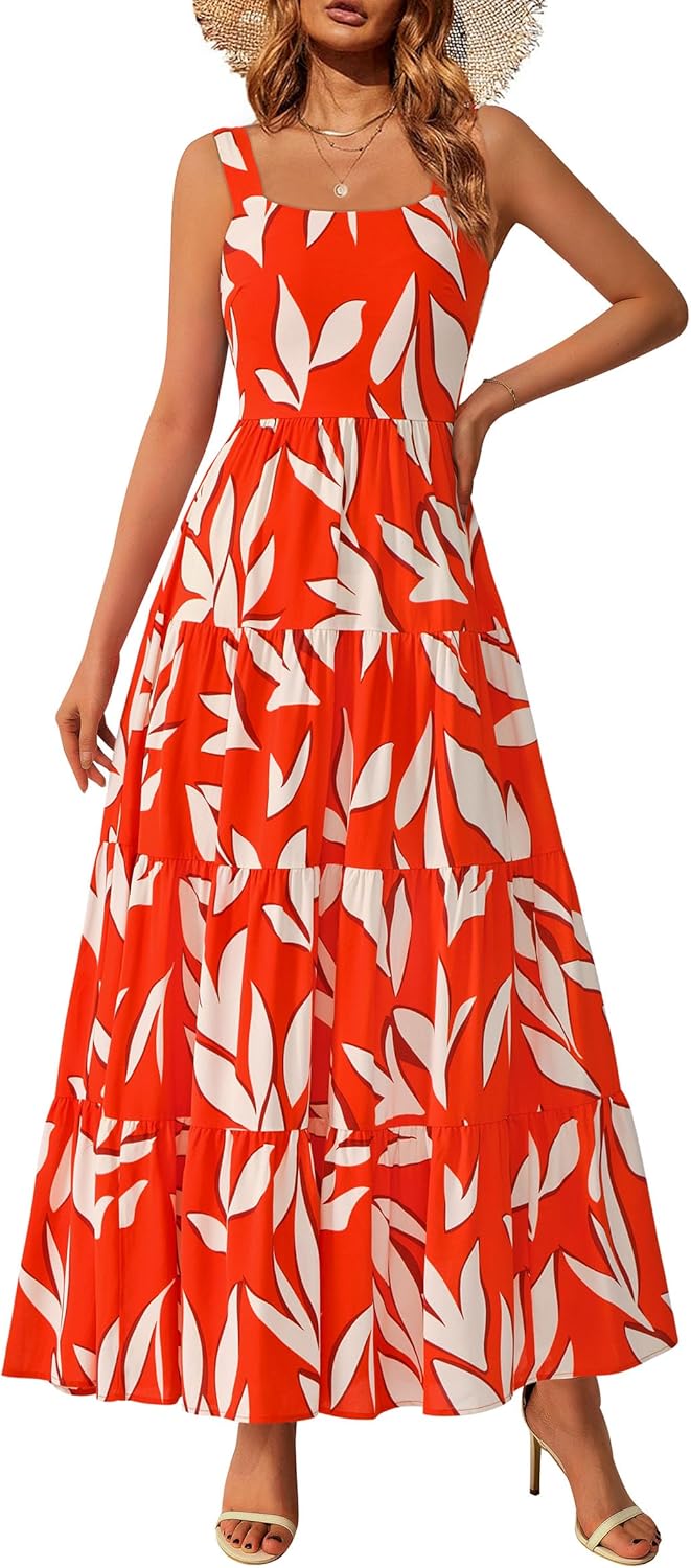 Women Floral Ruffle Maxi Dress Casual Boho Flowy Beach Vacation Sundress