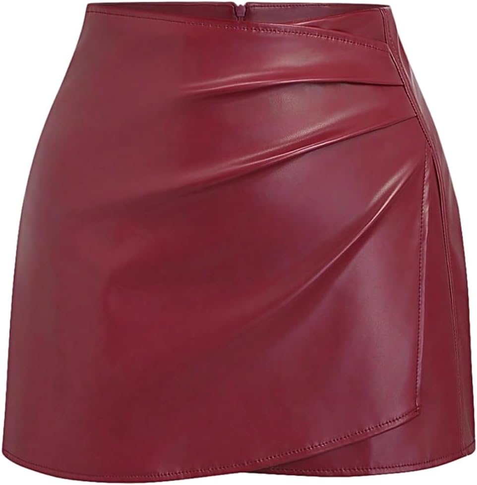 Mid Waist Ruched Side Slit Skirt Solid PU Leather Bodycon Mini Skirt