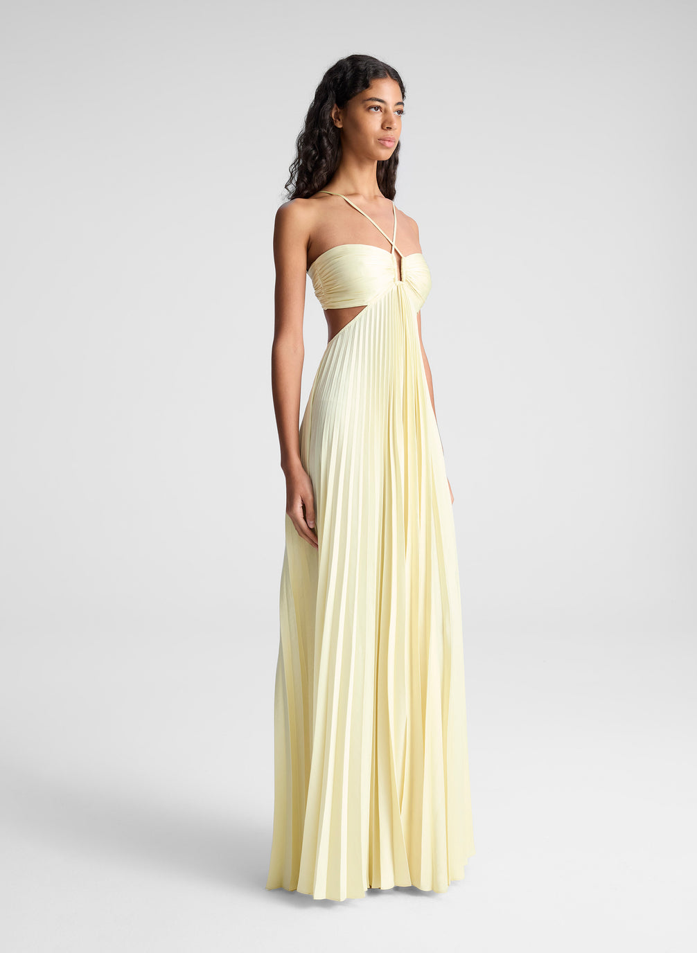 Halter Cut Out Pleated Satin Long Dress