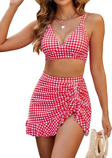 Plaid Three-Piece Bikini Set, Tummy Control Swimwear