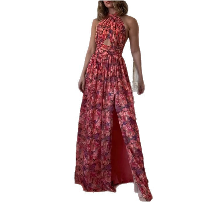 Halter Neck Hollow Pleated Slit Floral Dress