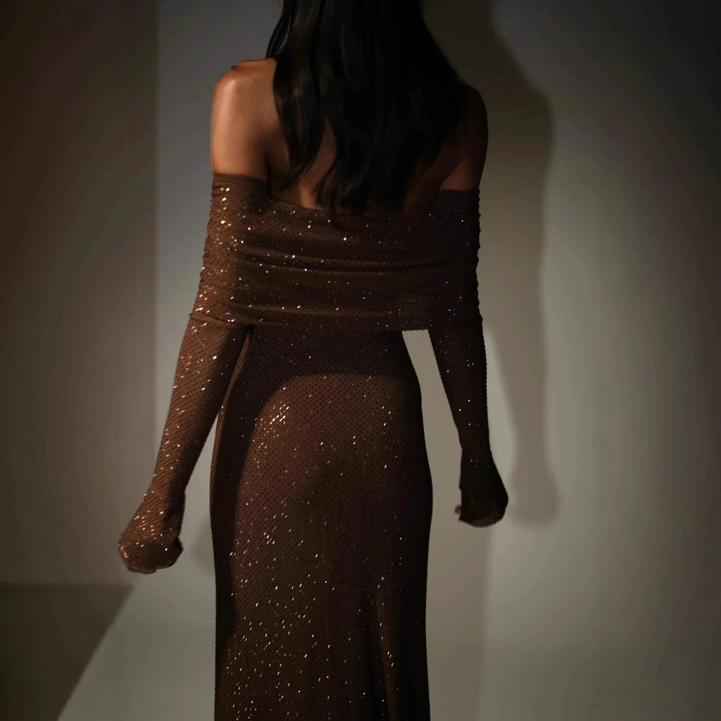 Off-Shoulder Long Sleeve Rhinestone Slim Dress