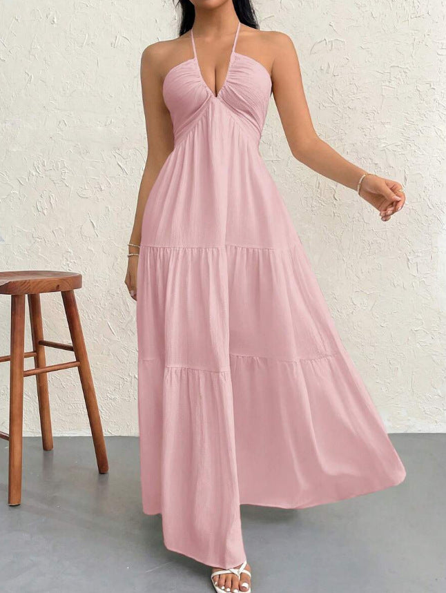 Deep V Neck Suspender A-Line Dress