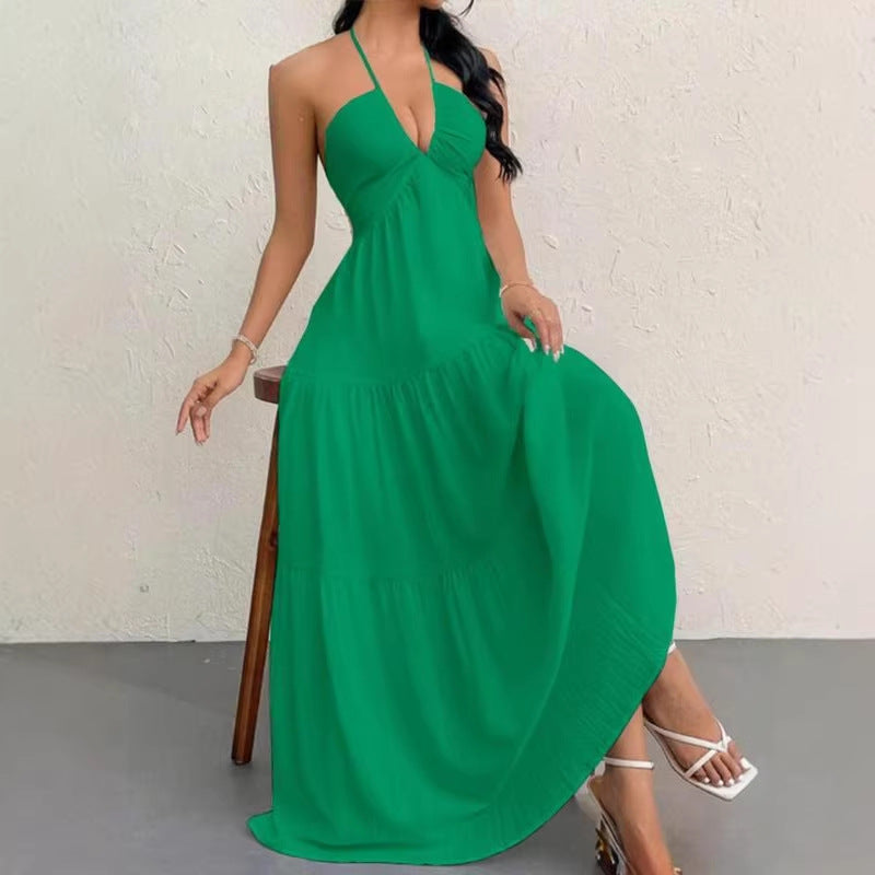 Deep V Neck Suspender A-Line Dress