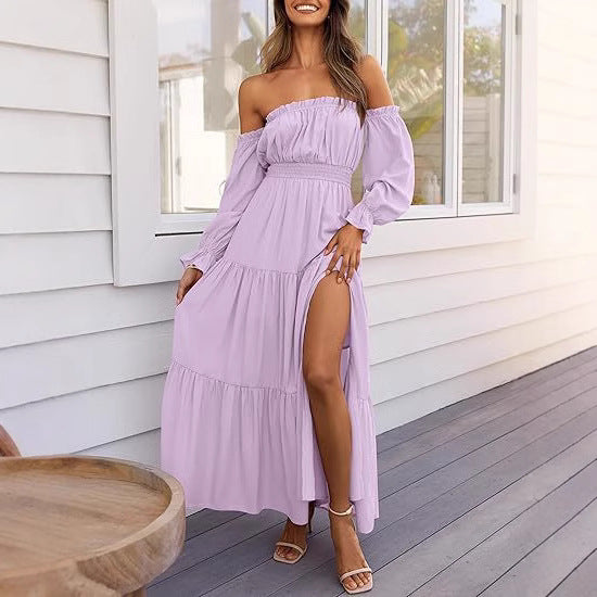 Off Shoulder Tiered Split Maxi Dress