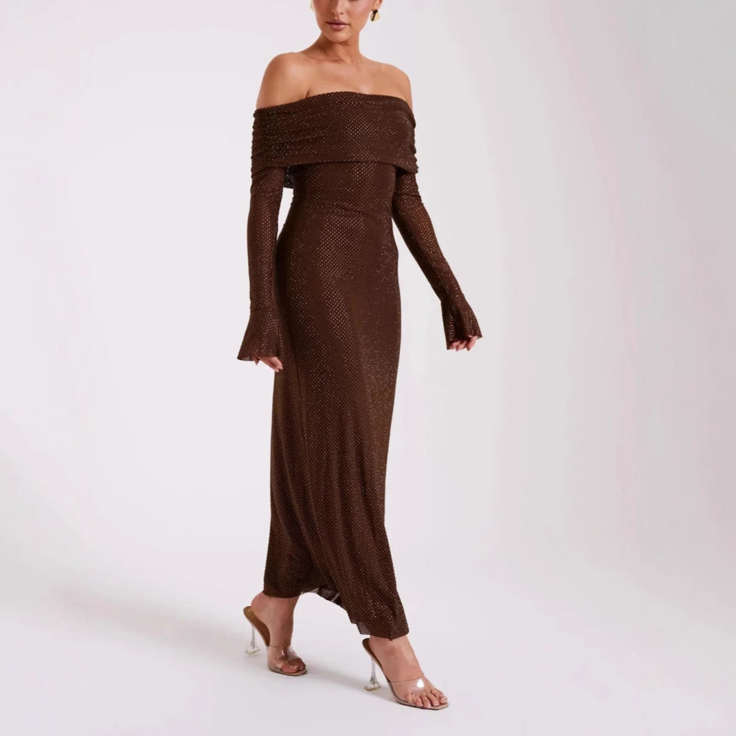 Off-Shoulder Long Sleeve Rhinestone Slim Dress