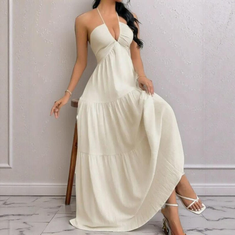 Deep V Neck Suspender A-Line Dress