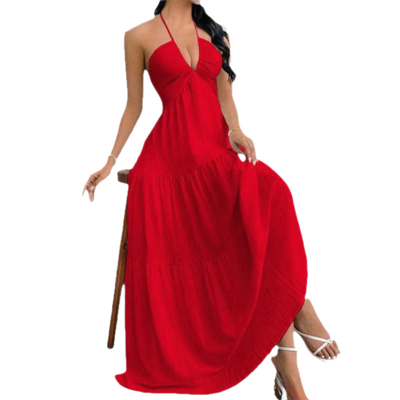 Deep V Neck Suspender A-Line Dress