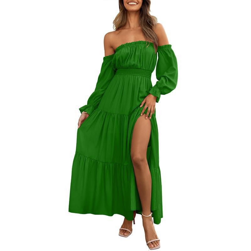 Off Shoulder Tiered Split Maxi Dress