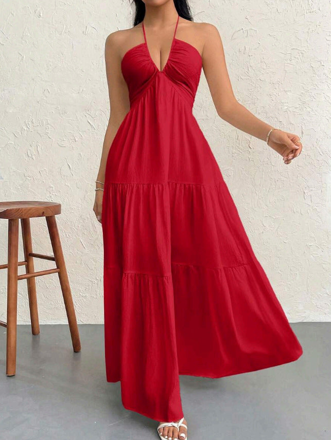 Deep V Neck Suspender A-Line Dress