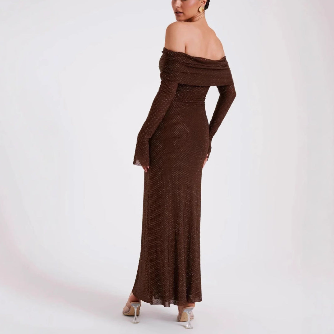 Off-Shoulder Long Sleeve Rhinestone Slim Dress