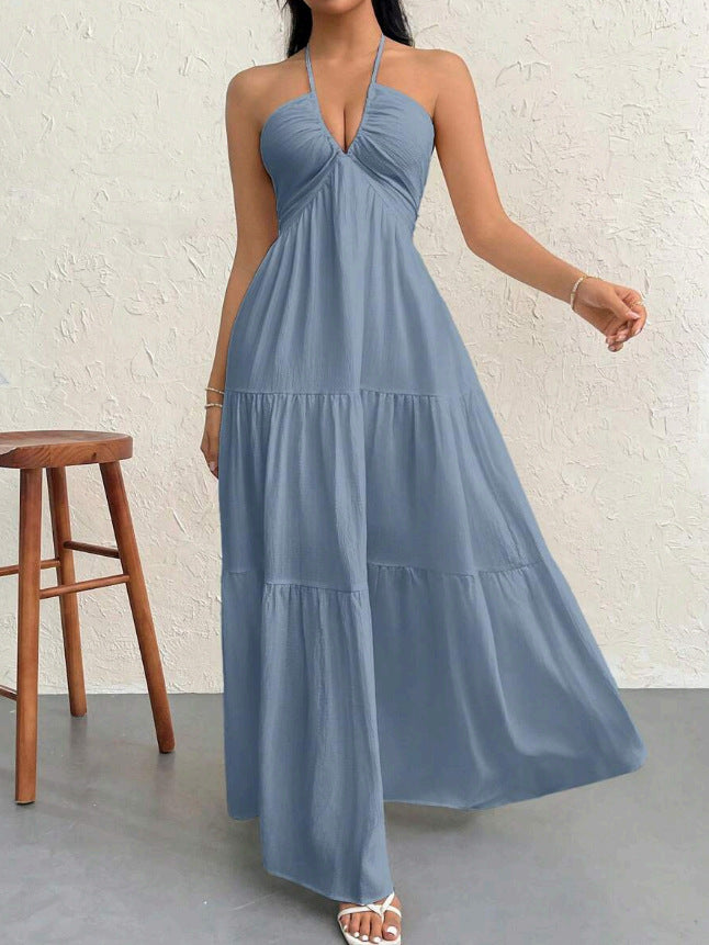 Deep V Neck Suspender A-Line Dress