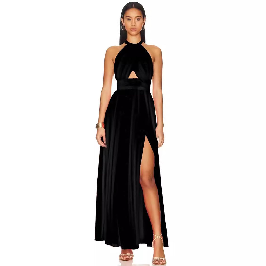 Halter Neck Hollow Pleated Slit Floral Dress