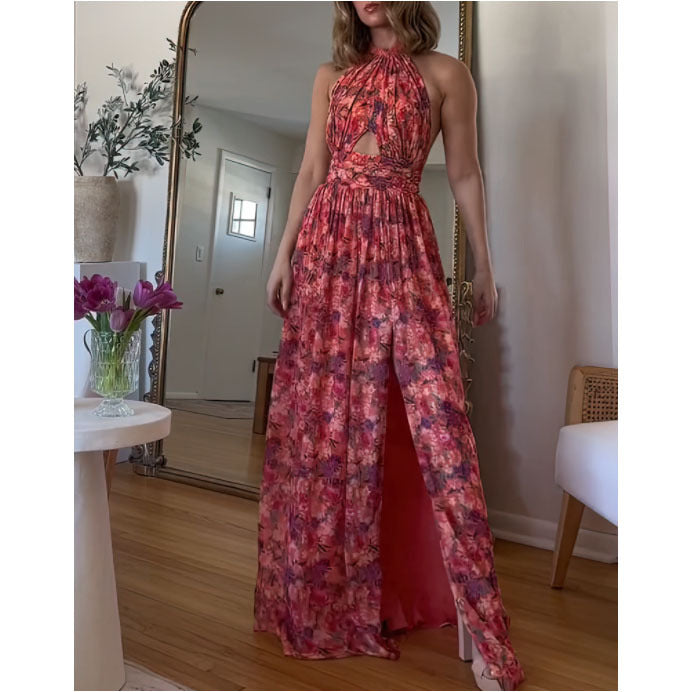 Halter Neck Hollow Pleated Slit Floral Dress