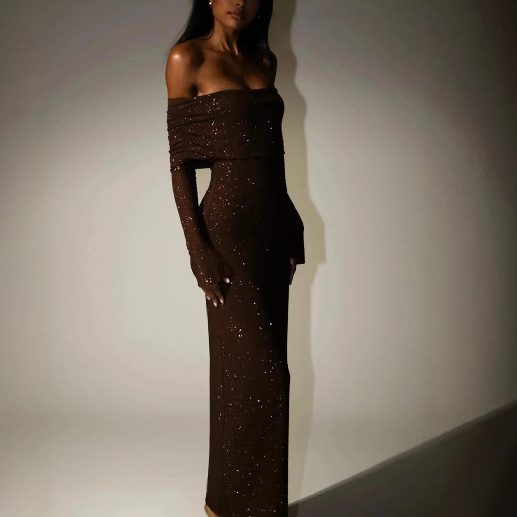 Off-Shoulder Long Sleeve Rhinestone Slim Dress