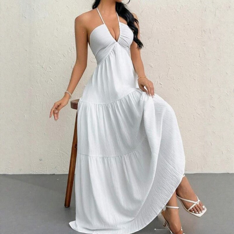 Deep V Neck Suspender A-Line Dress