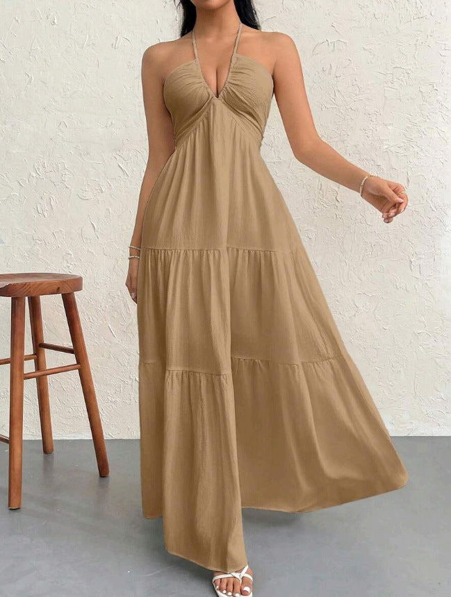 Deep V Neck Suspender A-Line Dress