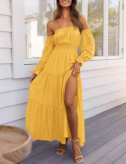 Off Shoulder Tiered Split Maxi Dress
