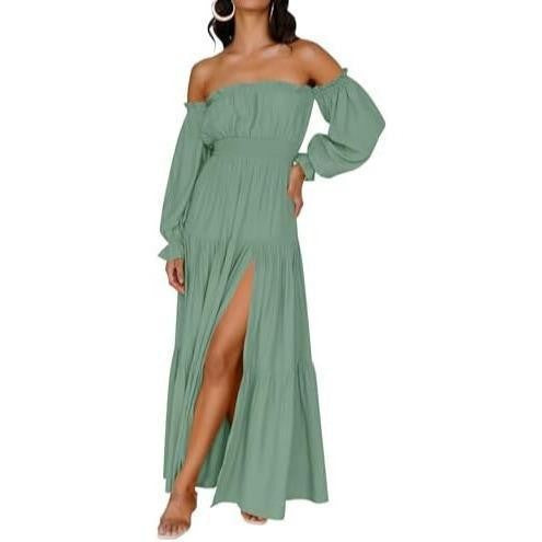 Off Shoulder Tiered Split Maxi Dress
