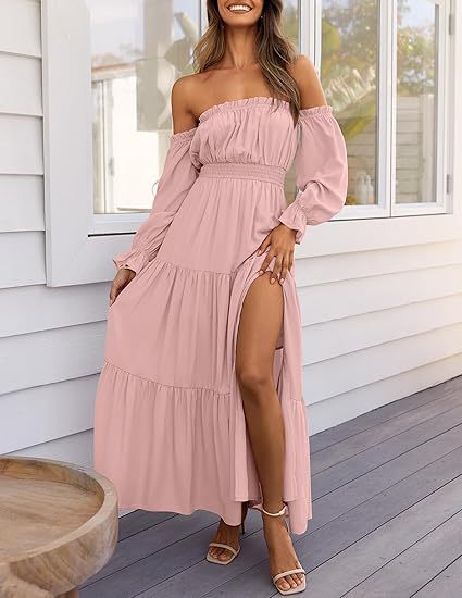 Off Shoulder Tiered Split Maxi Dress
