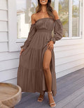 Off Shoulder Tiered Split Maxi Dress