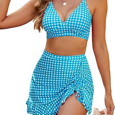 Plaid Three-Piece Bikini Set, Tummy Control Swimwear