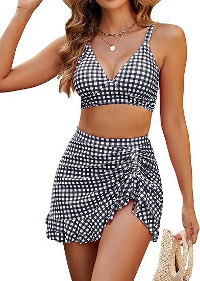Plaid Three-Piece Bikini Set, Tummy Control Swimwear