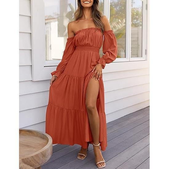 Off Shoulder Tiered Split Maxi Dress