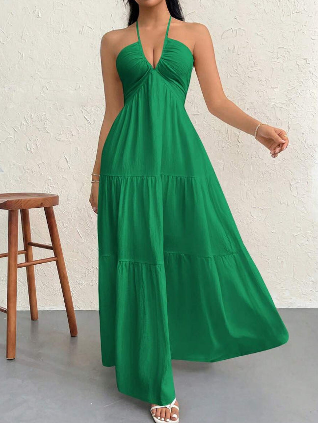 Deep V Neck Suspender A-Line Dress