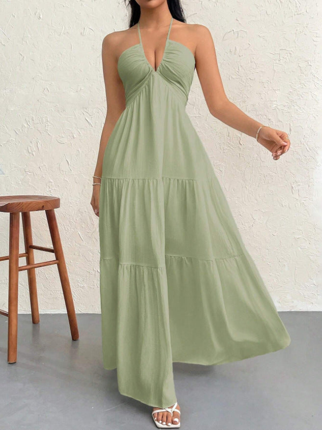 Deep V Neck Suspender A-Line Dress