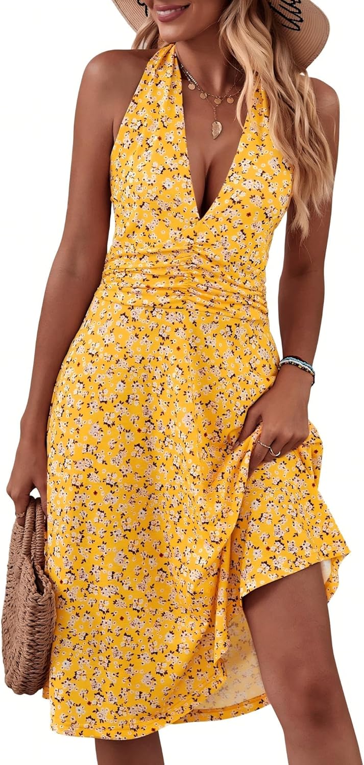 Women’s Summer Sundress – Halter Neck Elastic Waist Mini Dress