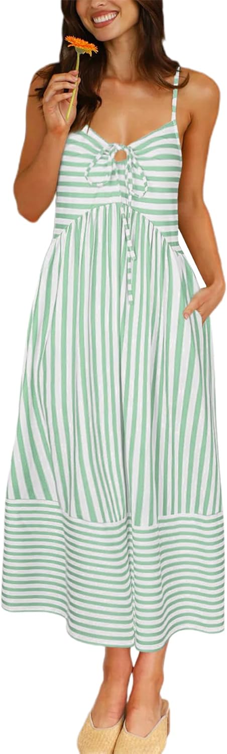 Striped Spaghetti Strap Maxi Dress Women Boho Vacation Sundress with Pockets