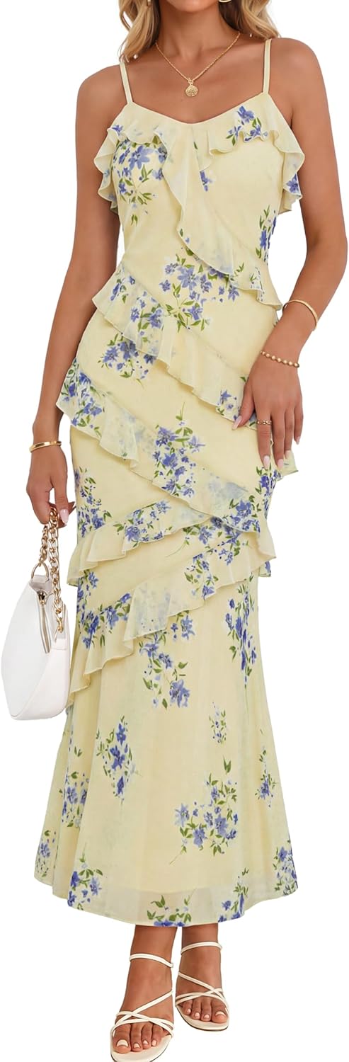 Women Bodycon Floral Long Dress Spaghetti Strap Wedding Guest Dress