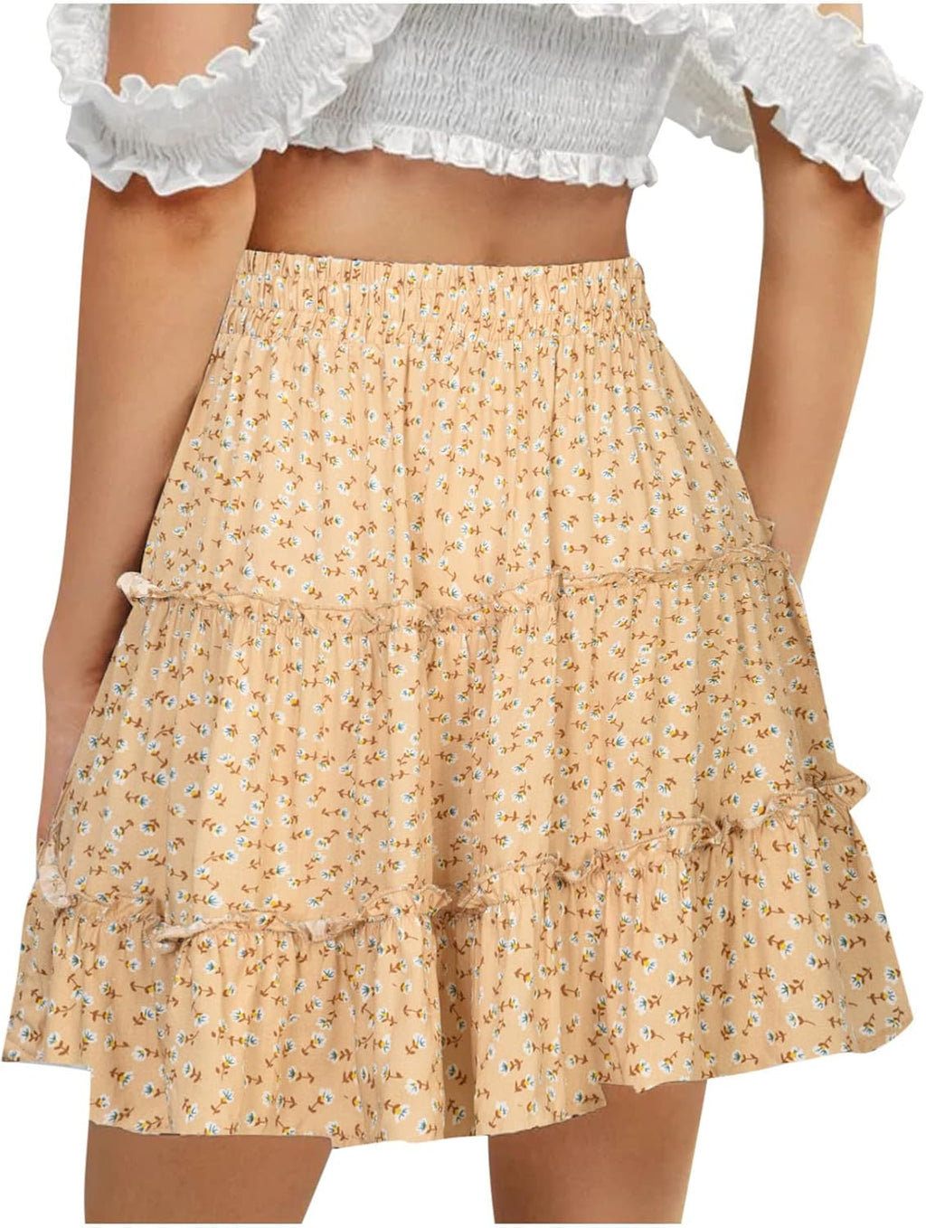 Floral Pleated A Line Mini Skirt Elastic Waist Boho Skater Skirt