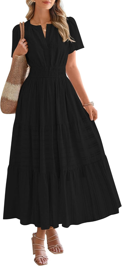 Casual Boho Maxi Dress Women V Neck Short Sleeve Flowy Beach Dress with Pockets