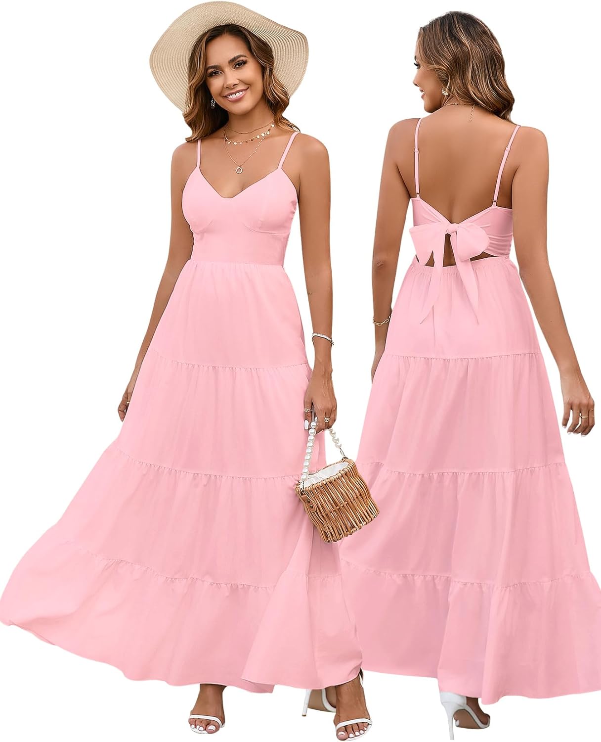 Women’s Summer Flowy Maxi Dress – Spaghetti Strap Bow Tie