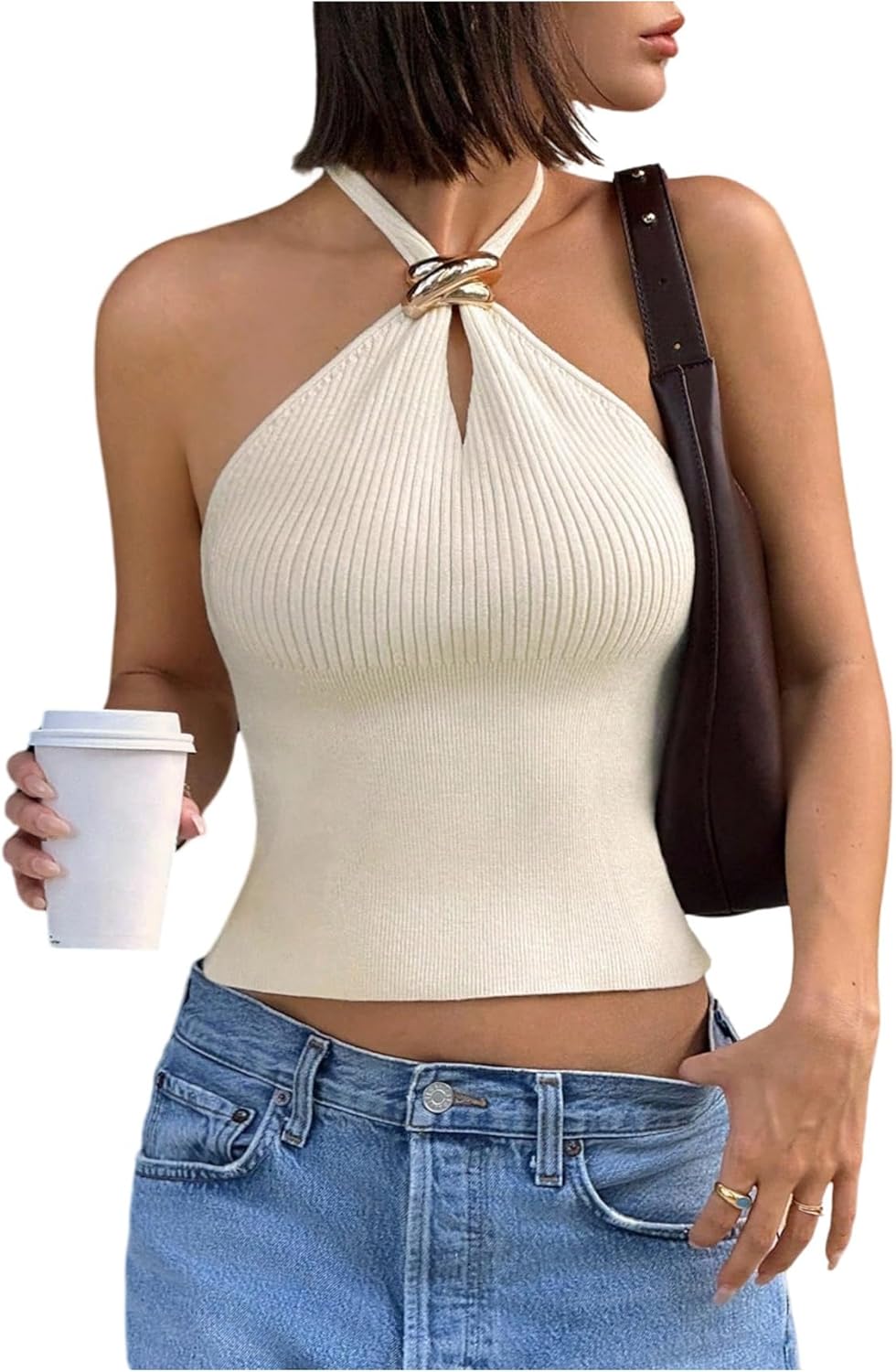 Women’s Sleeveless Ribbed Halter Top – Date Night Party Crop Top